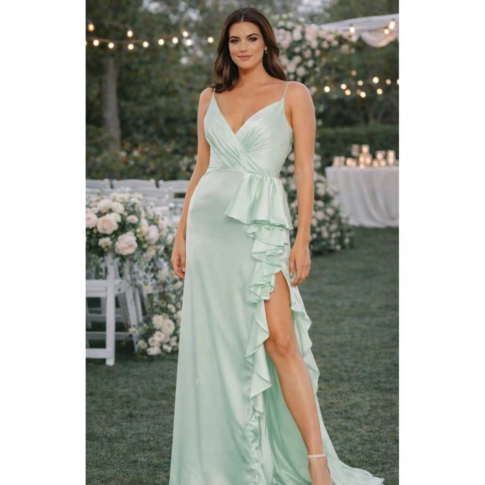 Mac Duggal 67815 Mint Green Satin Ruffle Gown Sleeveless Maxi Dress Size 6 NEW